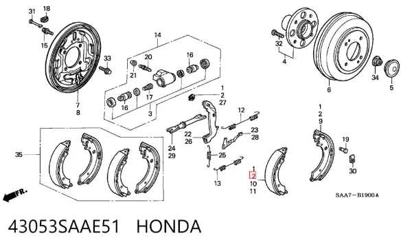 Задние барабанные колодки 43053SAAE51 Honda