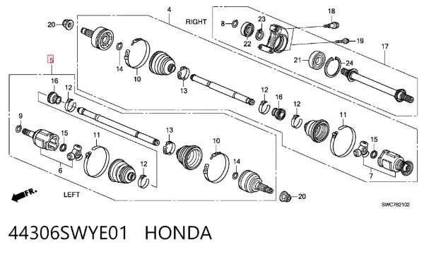 Левая полуось 44306SWYE01 Honda