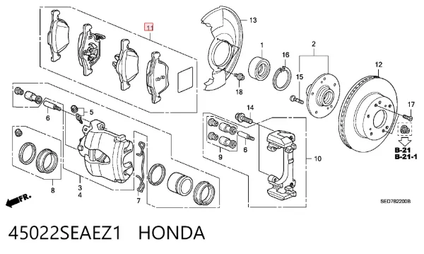 Передние тормозные колодки 45022SEAEZ1 Honda