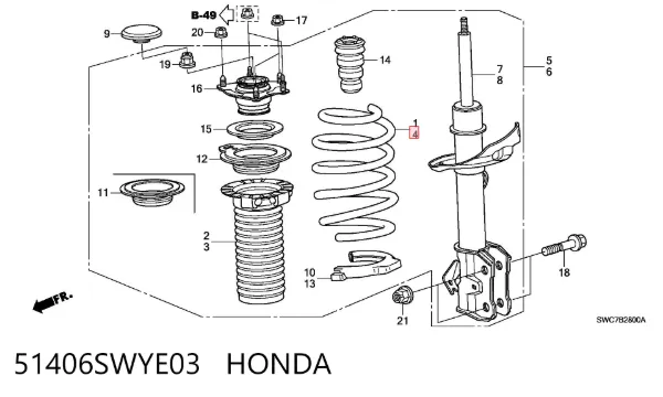 Пружина передняя левая 51406SWYE03 Honda