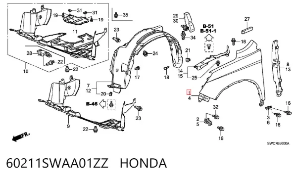 Крыло переднее правое 60211SWAA01ZZ Honda