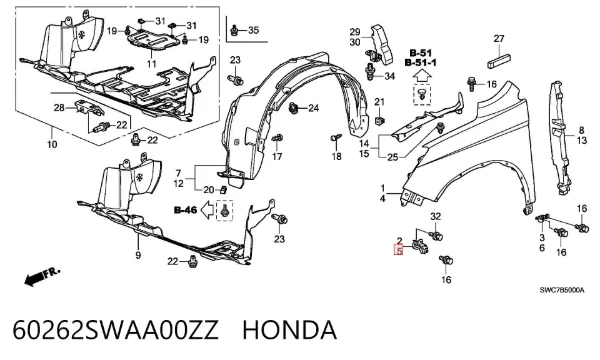 Кронштейн крепления крыла переднего левого передний 60262SWAA00ZZ Honda