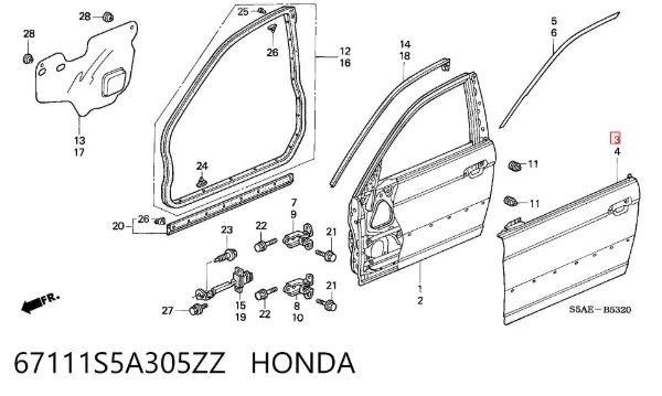Панель-щека двери передней правой 67111S5A305ZZ Honda