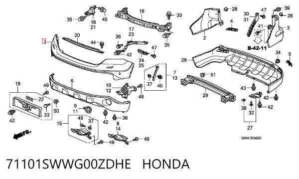 Бампер передний, верхняя часть 71101SWWG00ZDHE Honda