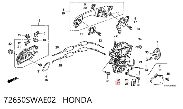 Замок двери задней левой 72650SWAE02 Honda