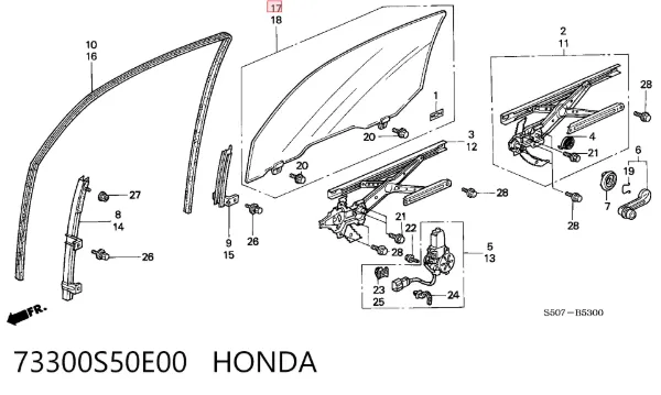 Стекло двери передней правой 73300S50E00 Honda
