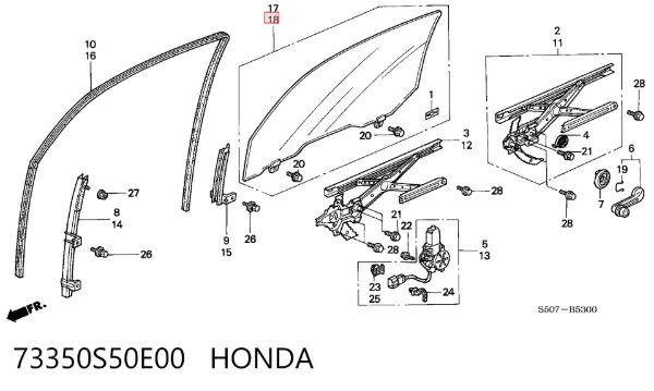 Стекло двери передней левой 73350S50E00 Honda