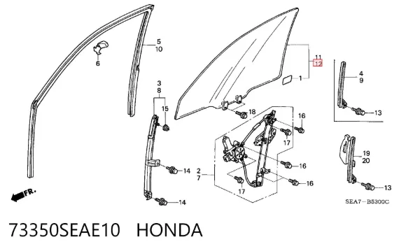 Стекло двери передней левой 73350SEAE10 Honda