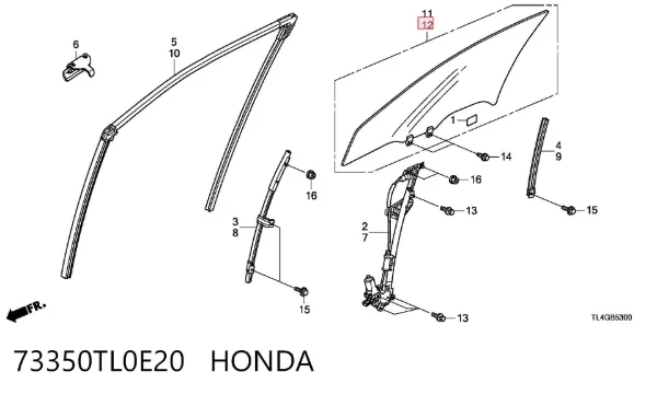 Стекло двери передней левой 73350TL0E20 Honda