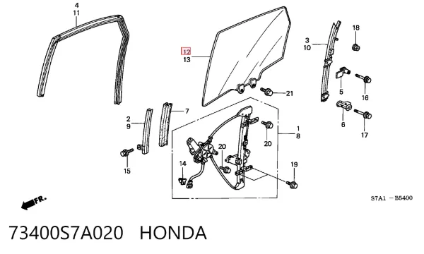 Стекло двери задней правой 73400S7A020 Honda