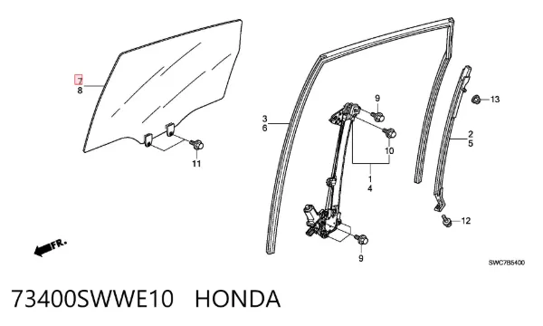 Стекло двери задней правой 73400SWWE10 Honda