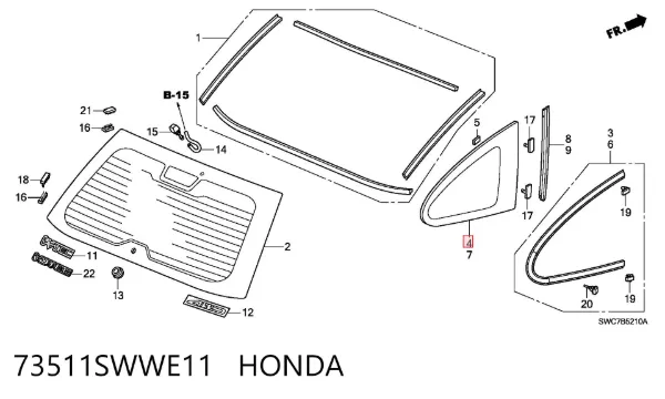 Стекло-форточка двери задней правой 73511SWWE11 Honda