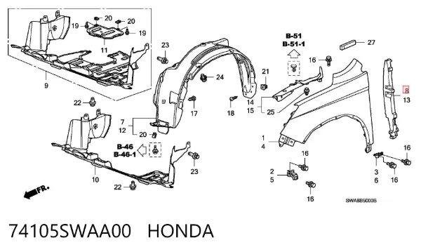 Уплотнитель крыла 74105SWAA00 Honda