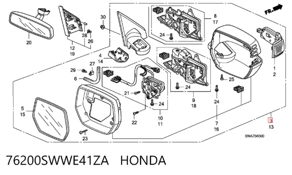 Правое зеркало 76200SWWE41ZA Honda