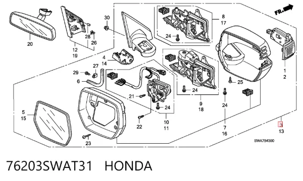 Правое зеркало 76203SWAT31 Honda