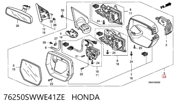 Левое боковое зеркало 76250SWWE41ZE Honda