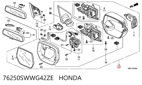 Левое боковое зеркало 76250SWWG42ZE Honda