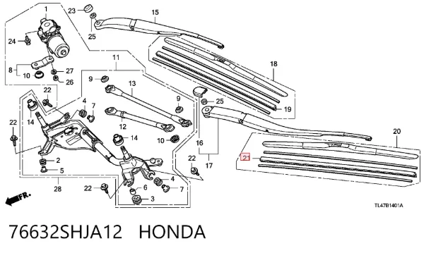 Резинка щетки стеклоочистителя пассажирская 76632SHJA12 Honda