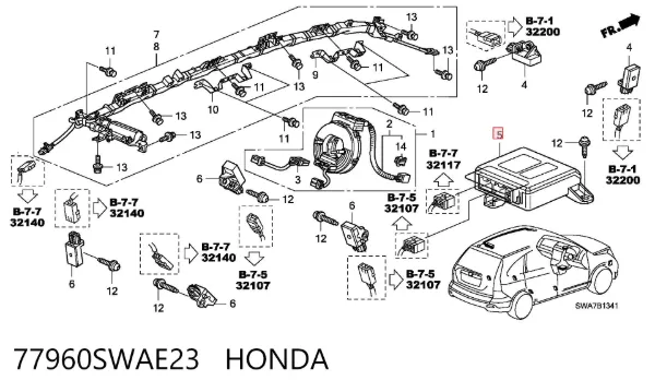 Модуль-процессор управления подушкой безопасности (ЭБУ AIRBAG) 77960SWAE23 Honda