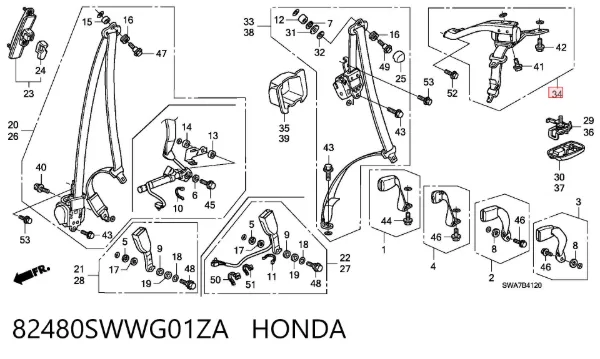 Ремень безопасности задний центральный 82480SWWG01ZA Honda