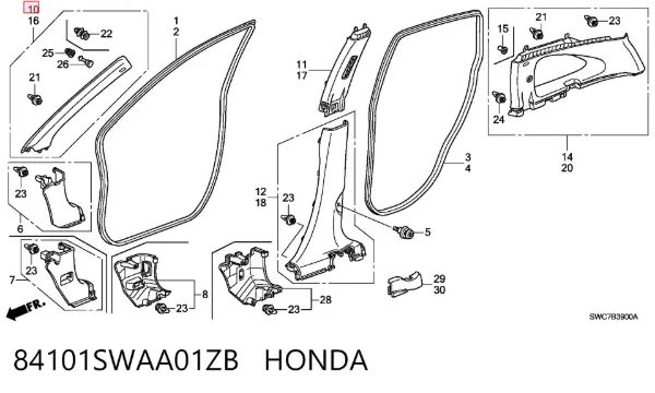 Обшивка стойки кузова внутренняя передняя правая 84101SWAA01ZB Honda