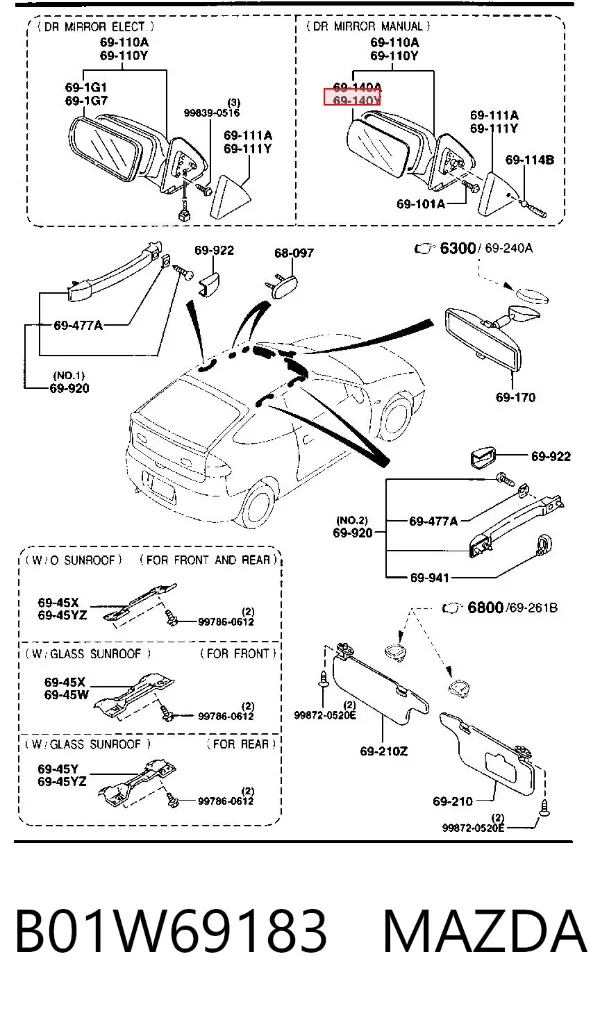 Стекло левого зеркала заднего вида B01W69183 Mazda