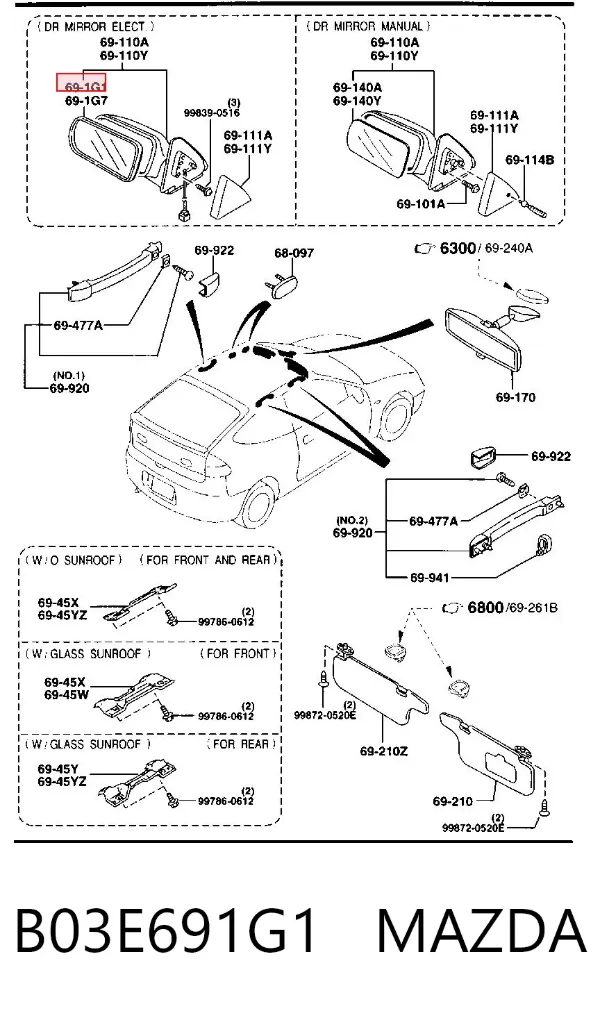 Стекло правого зеркала заднего вида B03E691G1 Mazda