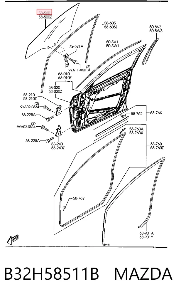 Стекло двери передней правой B32H58511B Mazda