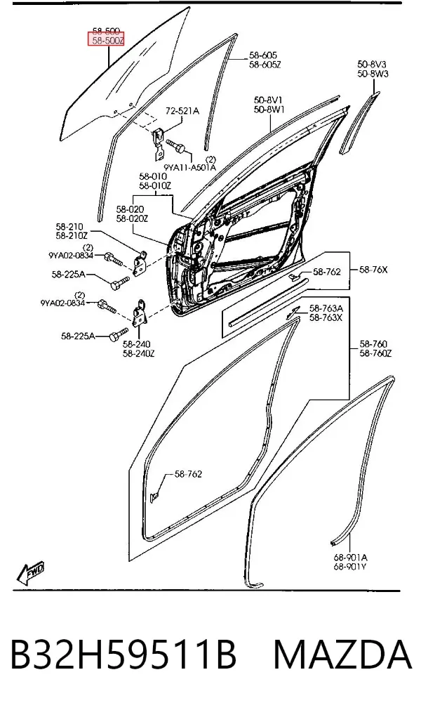Стекло двери передней левой B32H59511B Mazda