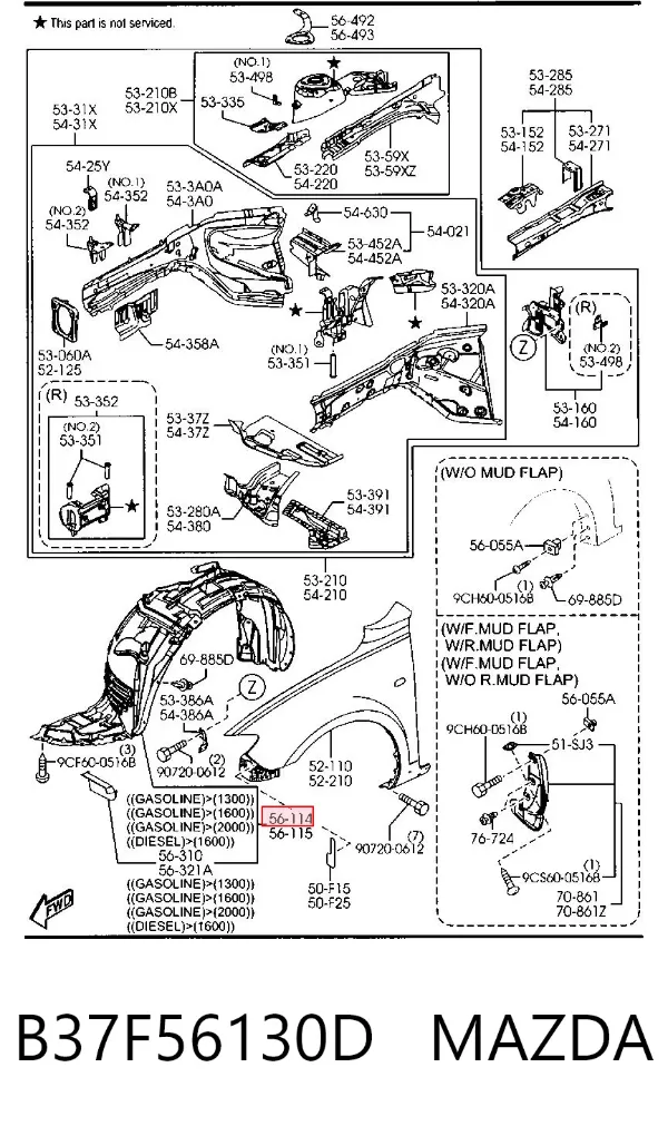 Подкрылок передний правый B37F56130D Mazda