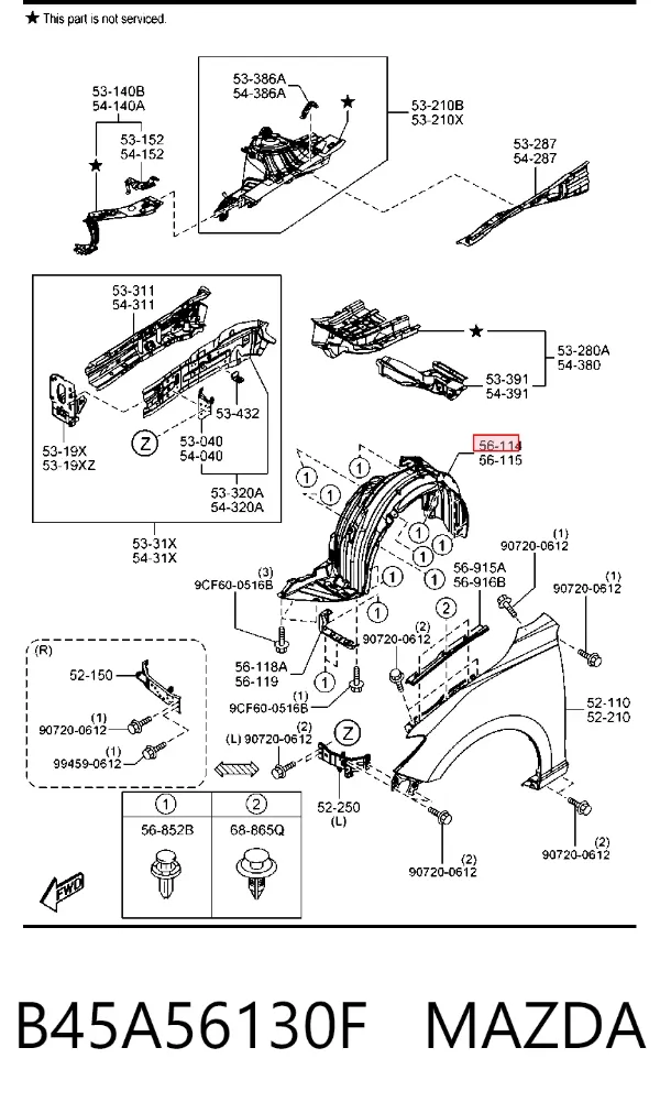 Подкрылок передний правый B45A56130F Mazda