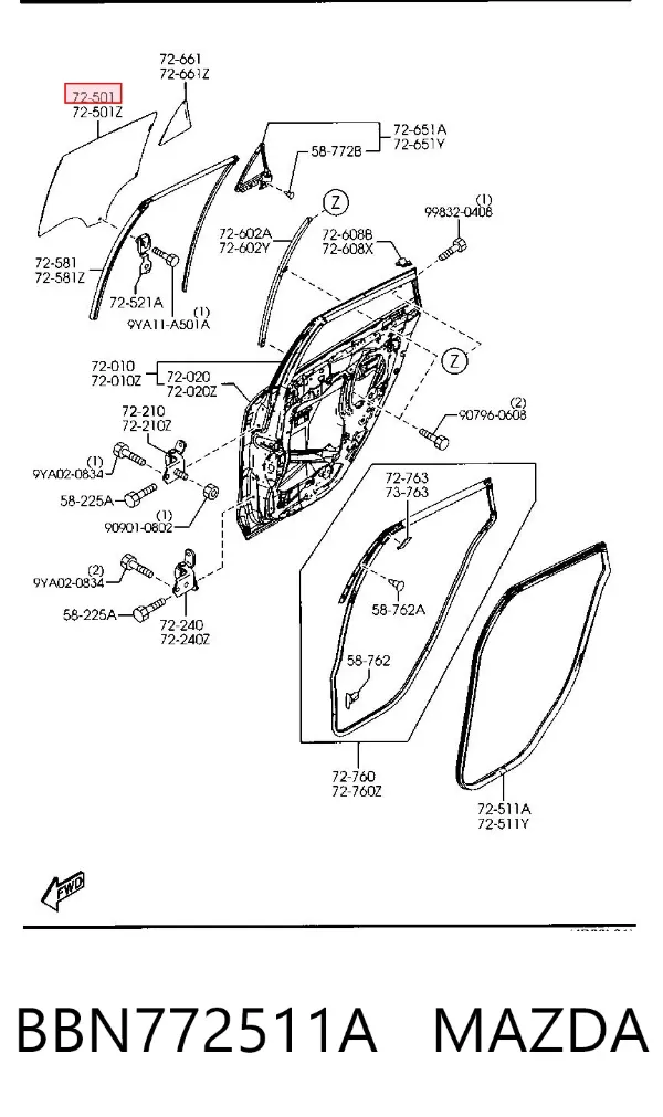 Стекло двери задней правой BBN772511A Mazda