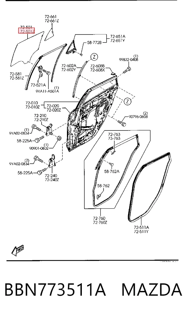 Стекло двери задней левой BBN773511A Mazda
