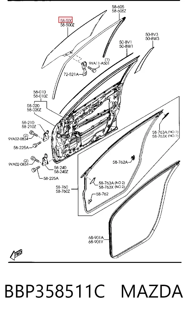 Стекло двери передней правой BBP358511C Mazda
