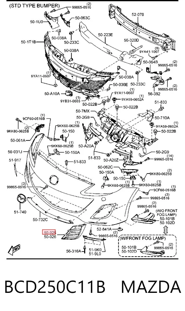 Решетка бампера переднего правая BCD250C11B Mazda