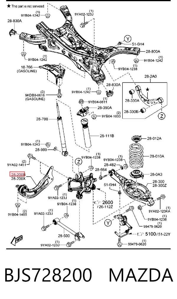 Рычаг (тяга) задней подвески продольный нижний правый BJS728200 Mazda