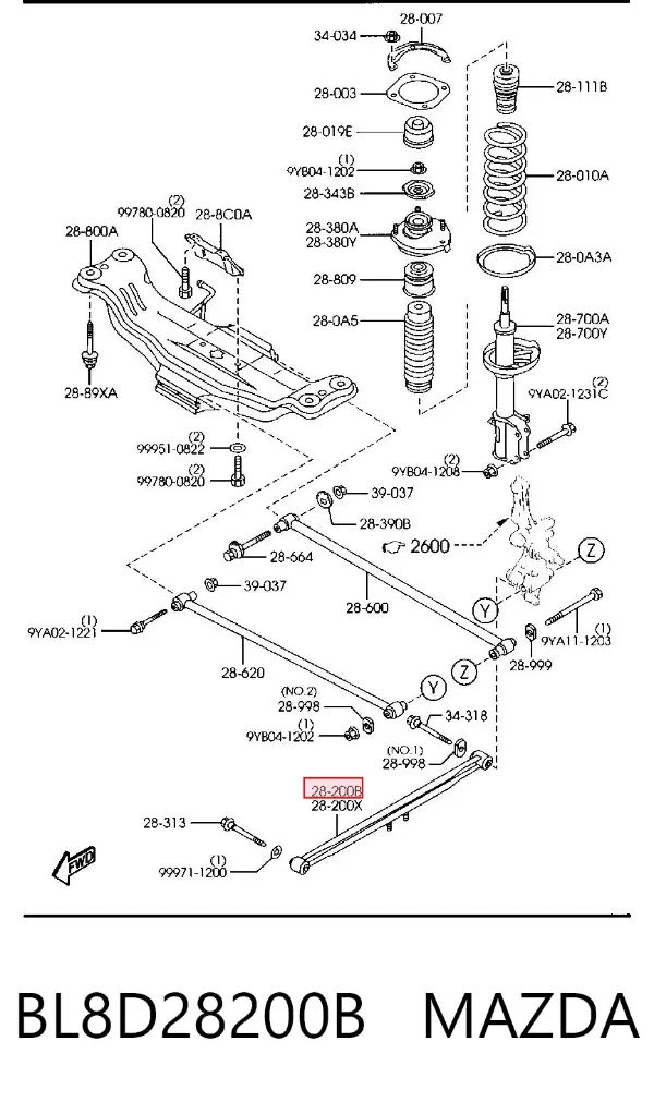 Рычаг (тяга) задней подвески продольный нижний правый BL8D28200B Mazda