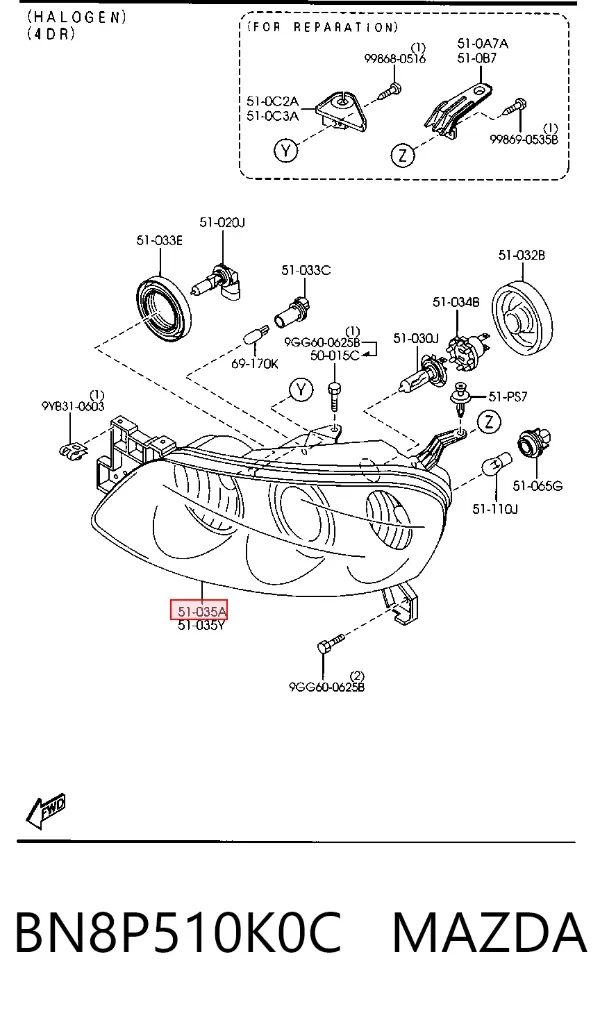Правая фара BN8P510K0C Mazda