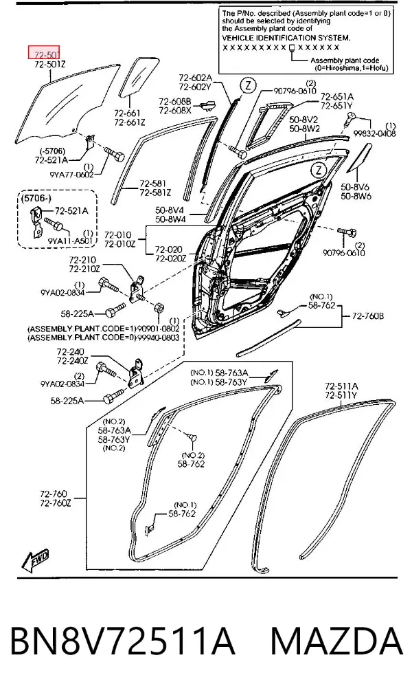 Стекло двери задней правой BN8V72511A Mazda