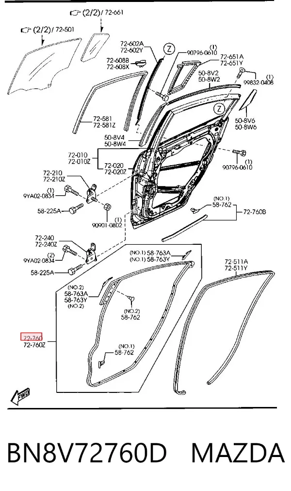 Уплотнитель двери задней правой (на двери) BN8V72760D Mazda
