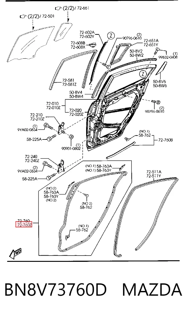 Уплотнитель двери задней левой (на двери) BN8V73760D Mazda
