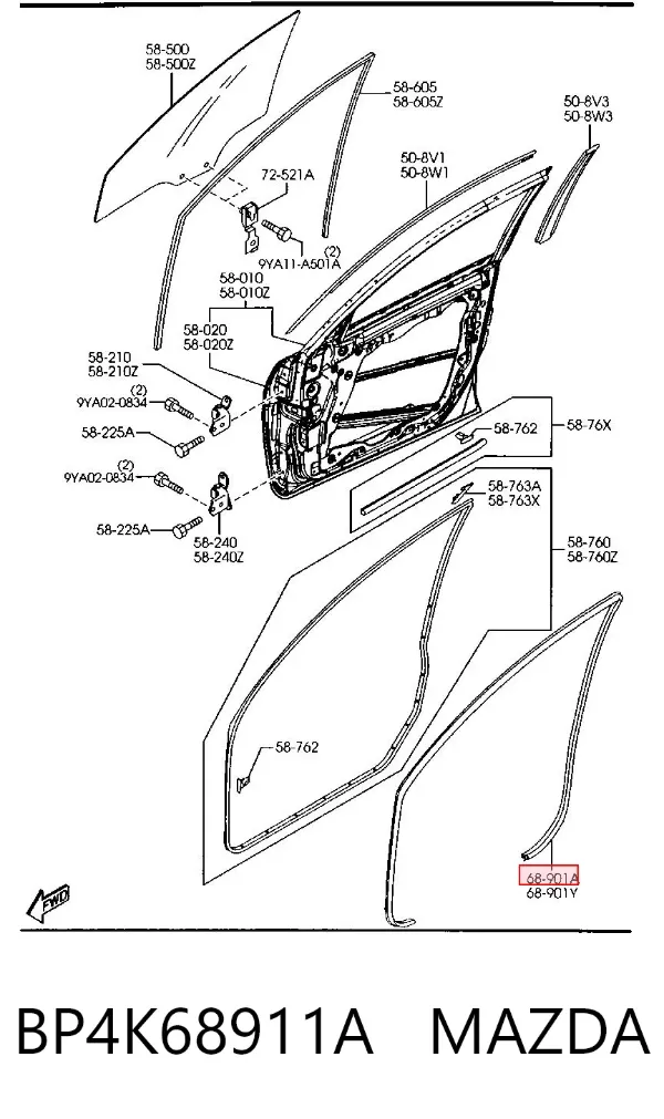 Уплотнитель двери передней правой (на кузове) BP4K68911A Mazda