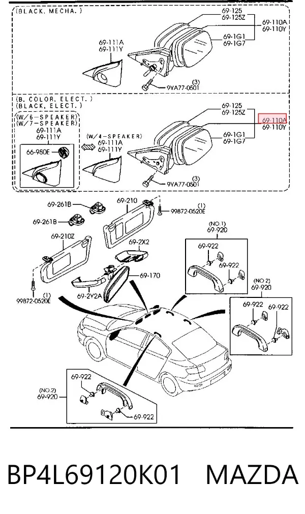 Правое зеркало BP4L69120K01 Mazda