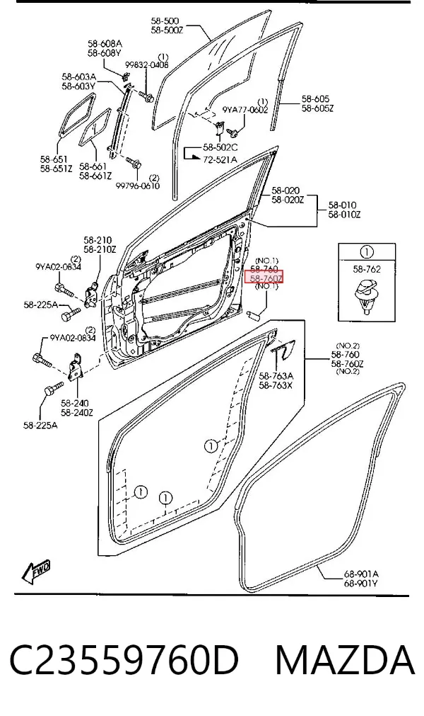 Уплотнитель двери передней левой (на двери) C23559760D Mazda