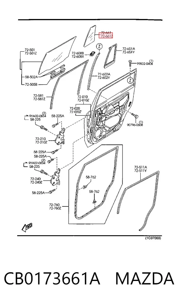 Стекло-форточка двери задней левой CB0173661A Mazda