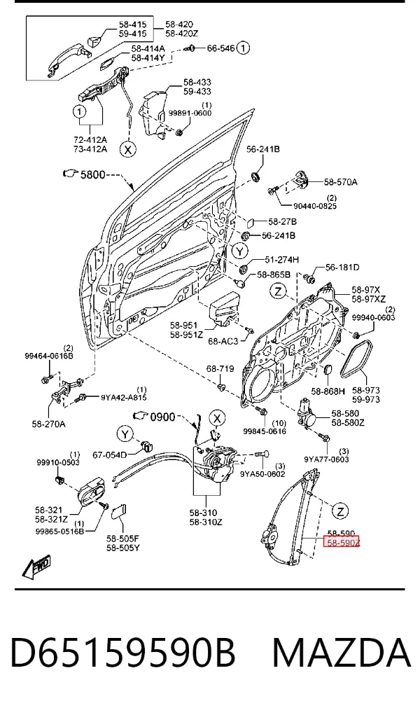 Механизм стеклоподъемника двери задней правой D65159590B Mazda