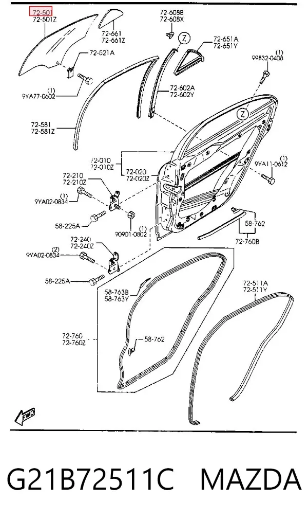 Стекло двери задней правой G21B72511C Mazda