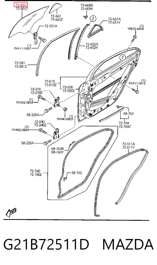 Стекло двери задней правой G21B72511D Mazda