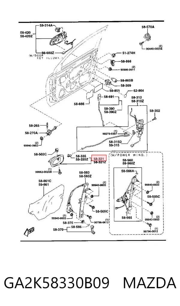 Ручка  боковой двери внутренняя правая GA2K58330B09 Mazda