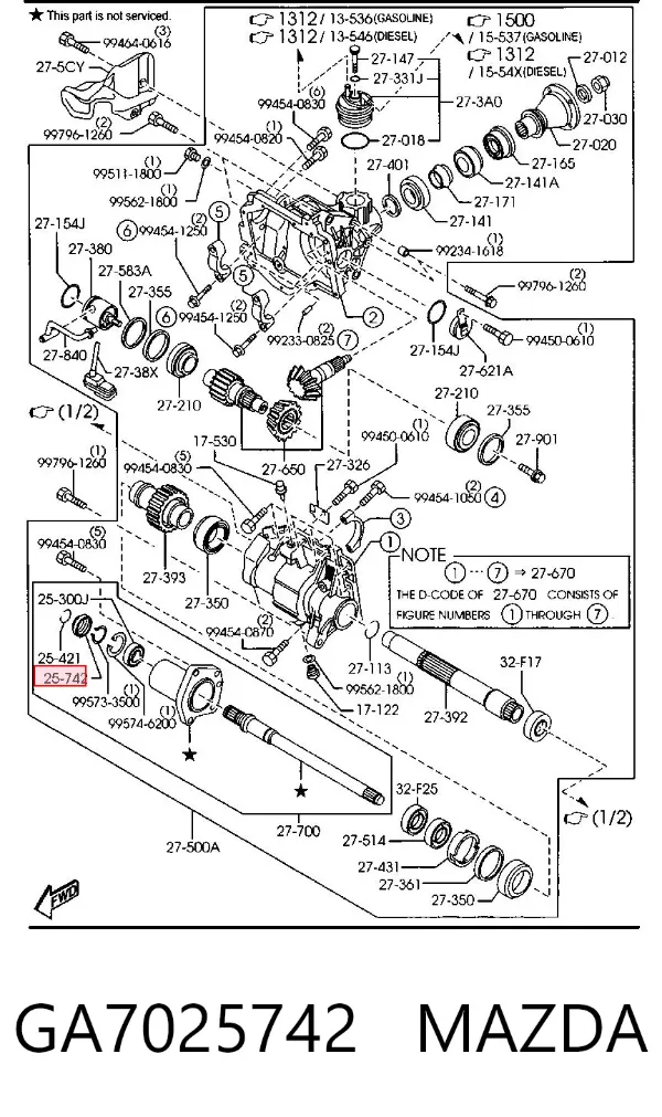 Правый сальник полуоси GA7025742 Mazda